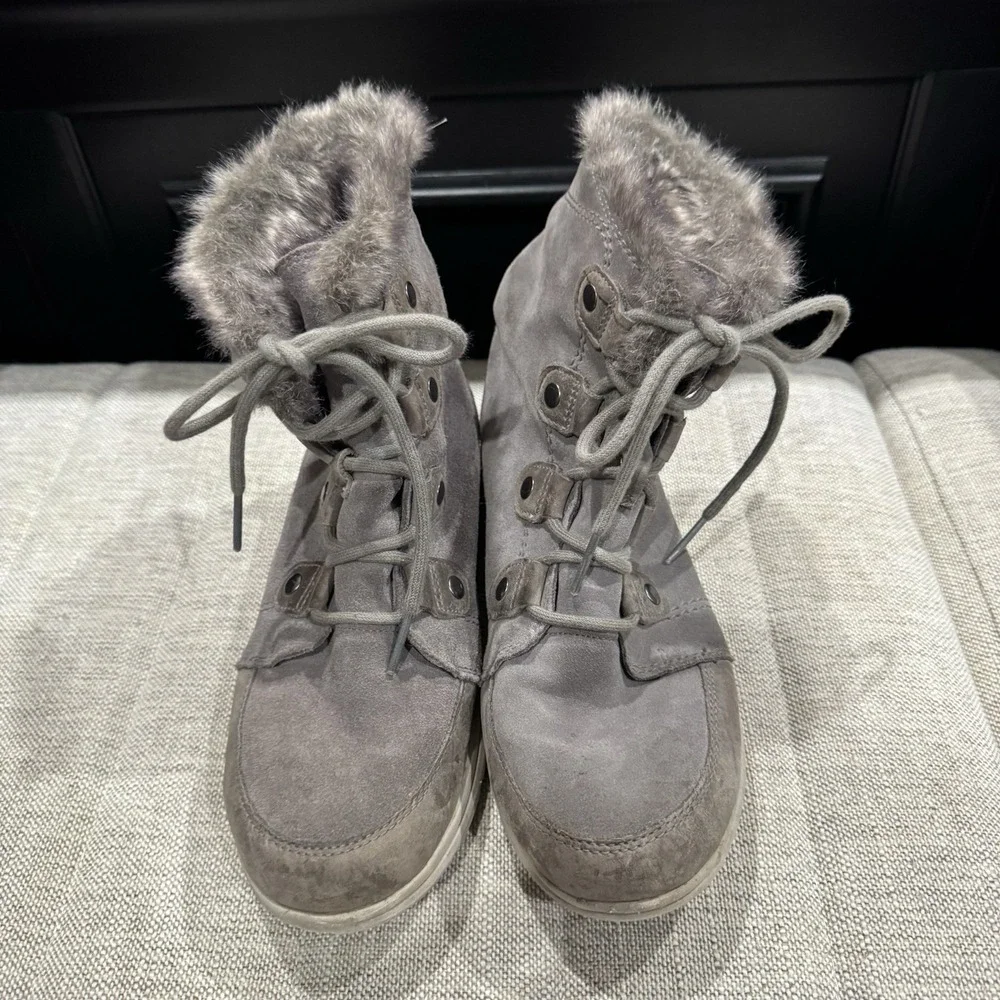 Sorel Explorer‎ Joan women's waterproof snow boots in gray suede 10